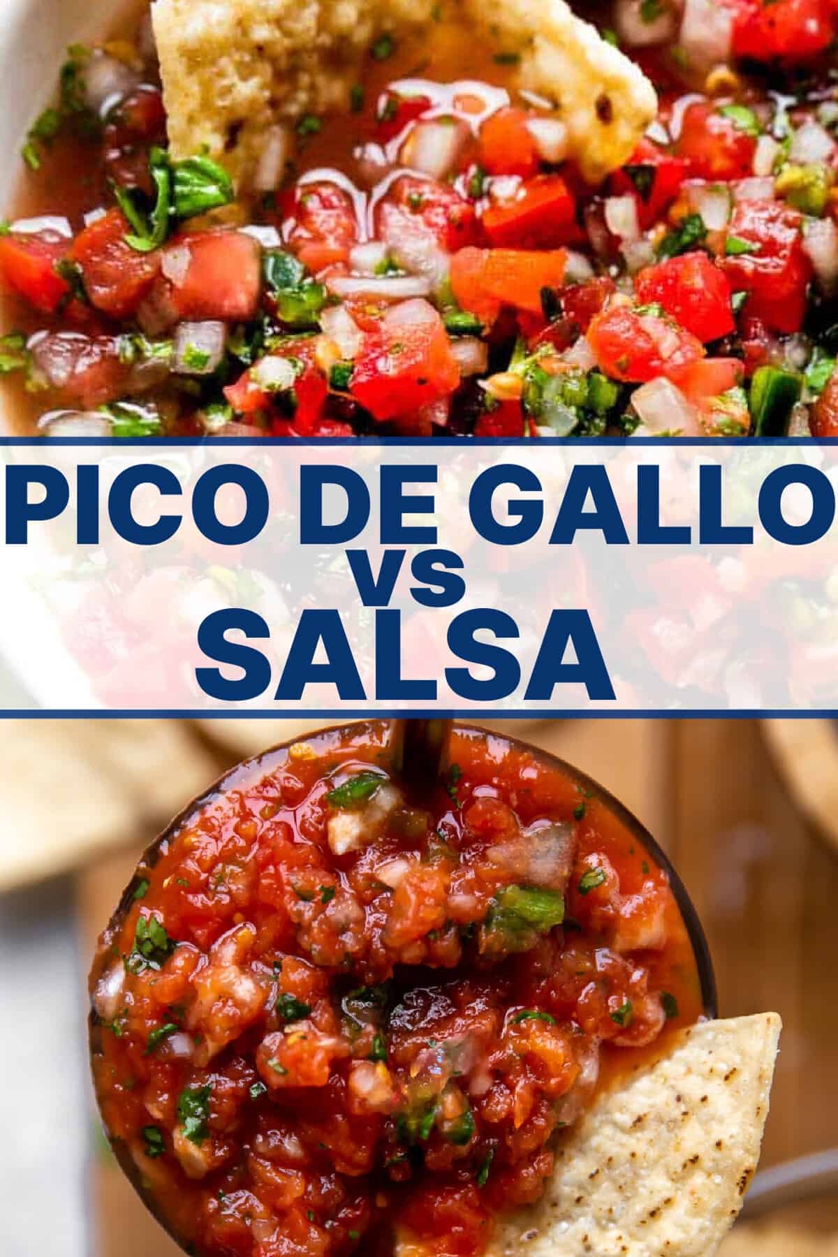 Pico de Gallo 与萨尔萨酱的对比，上面是 Pico de Gallo 的图片，下面是萨尔萨酱的图片。